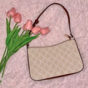 Mango Tan Jacquard and Leather Baguette Bag